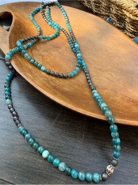 Artisan Blue Apatite Hematite Beaded Boho Layering Necklace 23 Inch Long matinee